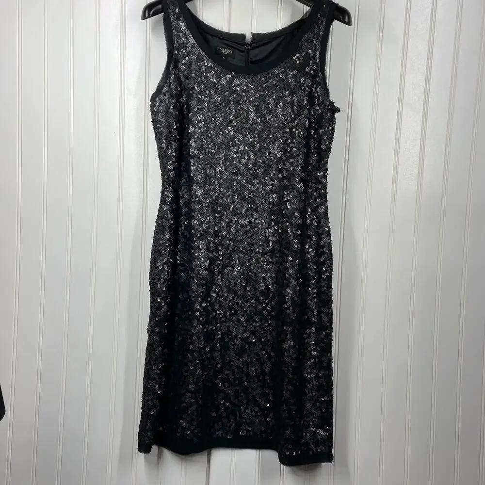 Talbots Women’s Black Sequin Cocktail Dress Back Zip Knee Length Size 4P - Picture 1 of 11